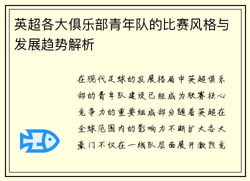 英超各大俱乐部青年队的比赛风格与发展趋势解析 英超各大俱乐部青年队的比赛风格与发展趋势解析