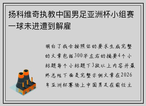 扬科维奇执教中国男足亚洲杯小组赛一球未进遭到解雇