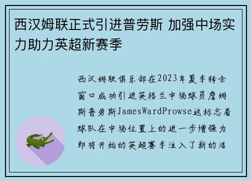 西汉姆联正式引进普劳斯 加强中场实力助力英超新赛季